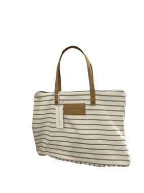 NWT Cozy Earth Shoulder Bag Beach Cream Gray Striped Canvas Tote Tan Handles XL